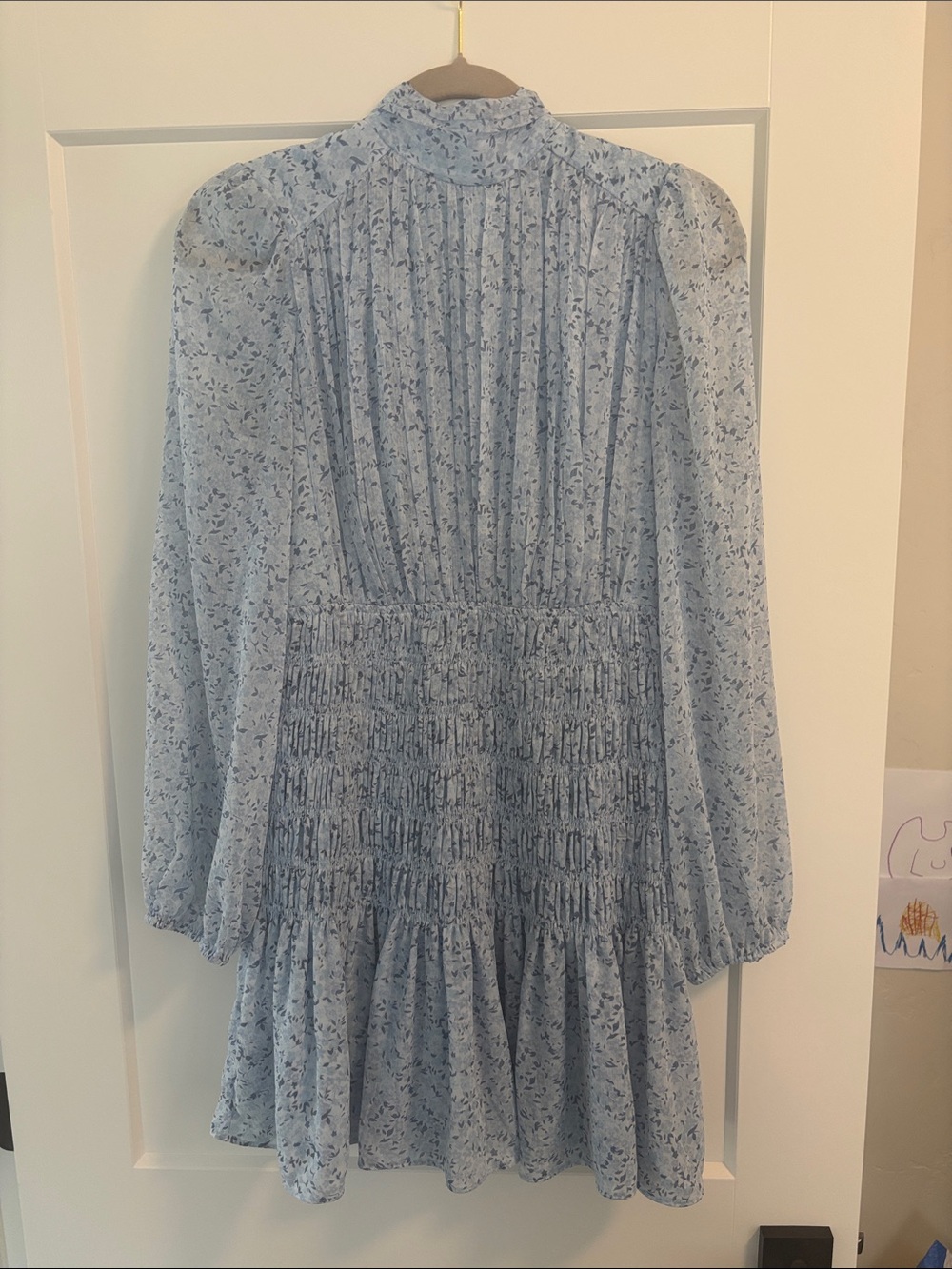 House of Harlow 1960 Light Blue Floral Smocked-Waist Long Sleeve Dress